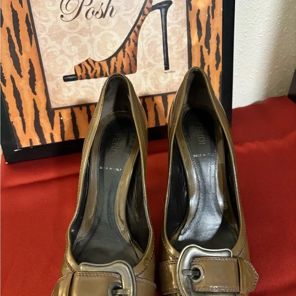 Fendi Olive/Army Green Patent Leather Buckle Peep-Toe Heels - Picture 15 of 16